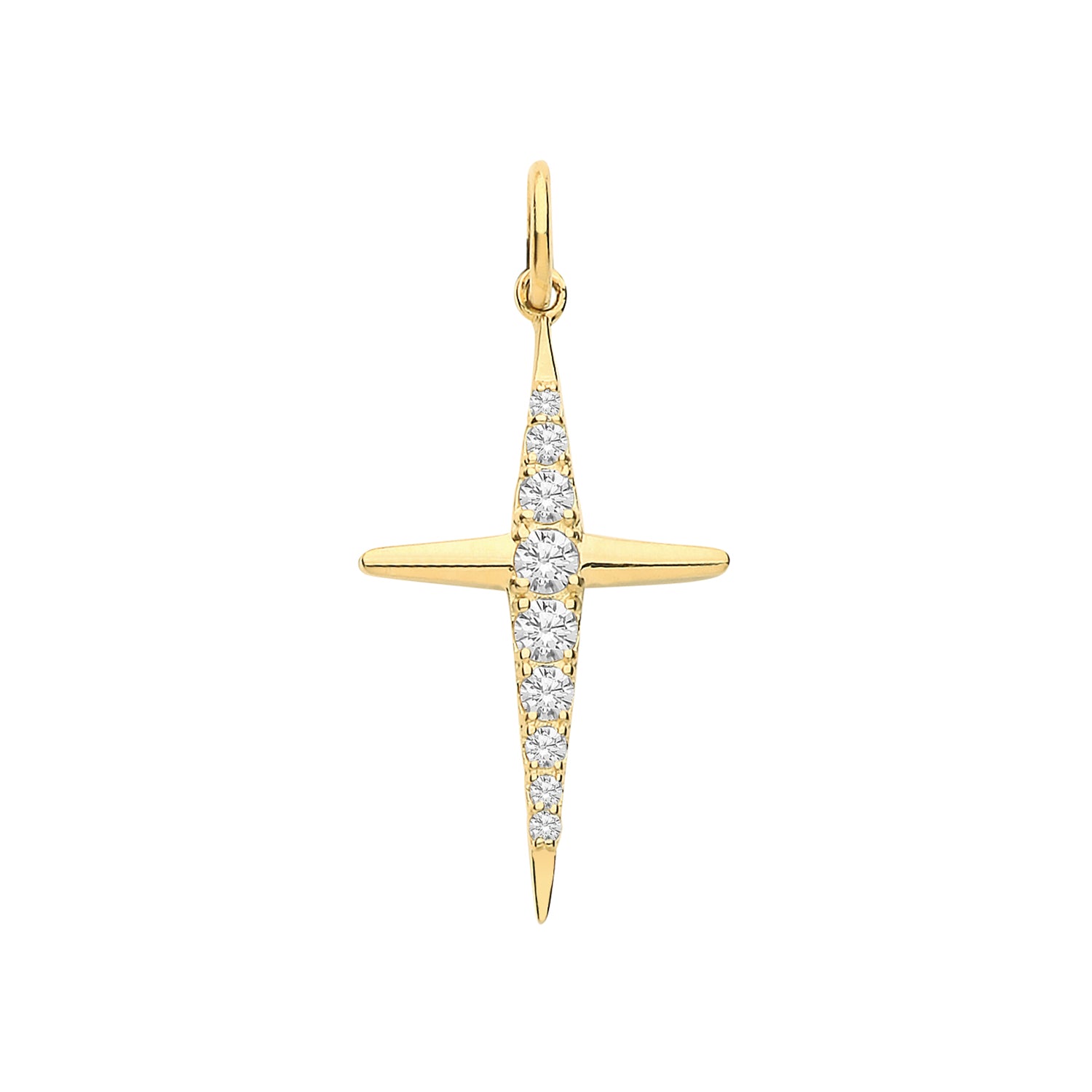 The 9ct Gold Cubic Zirconia Set Cross Pendant features a row of sparkling stones along the vertical axis, offering timeless elegance.