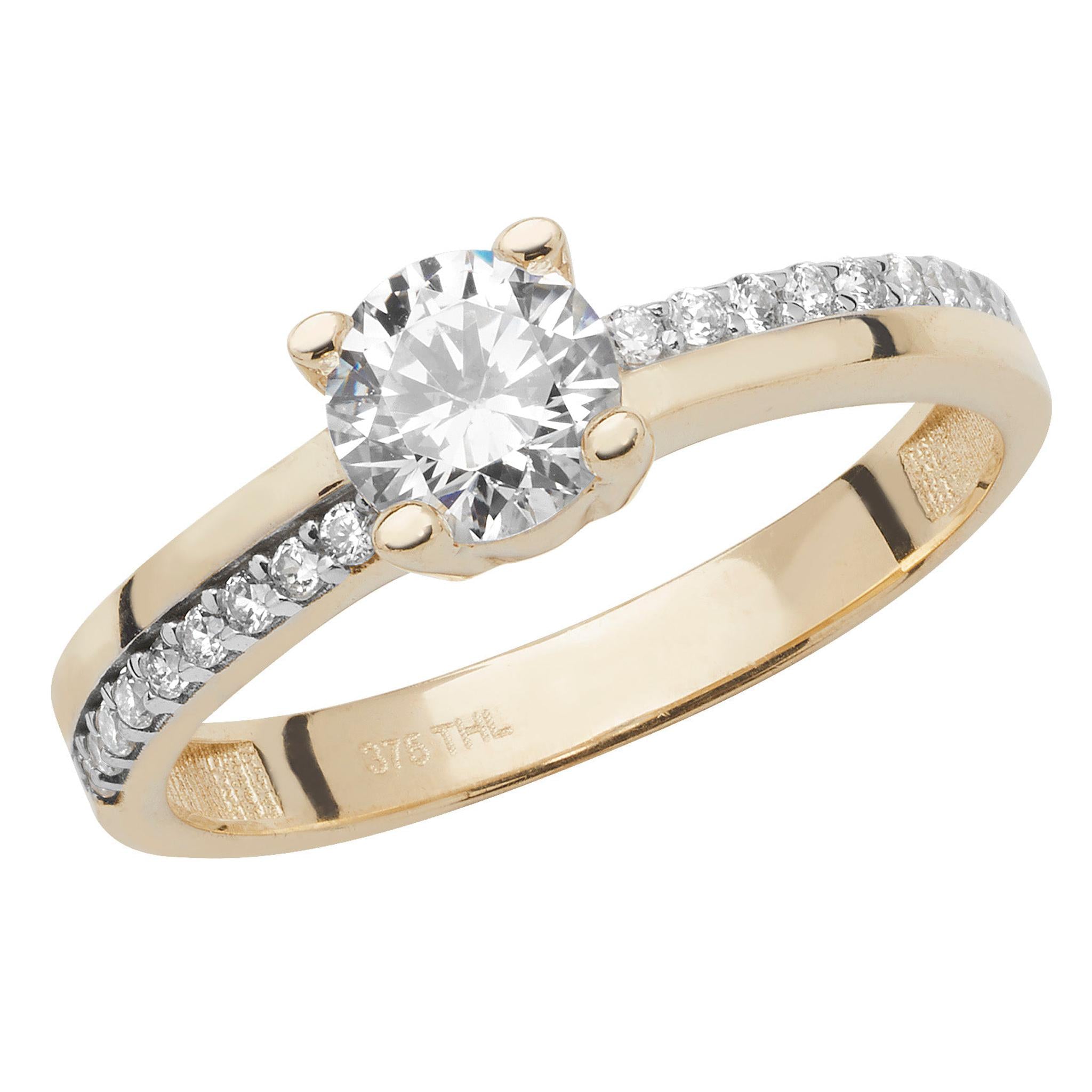 A stunning 9ct gold cubic zirconia sol ring with a large central stone and offset CZ shoulders.