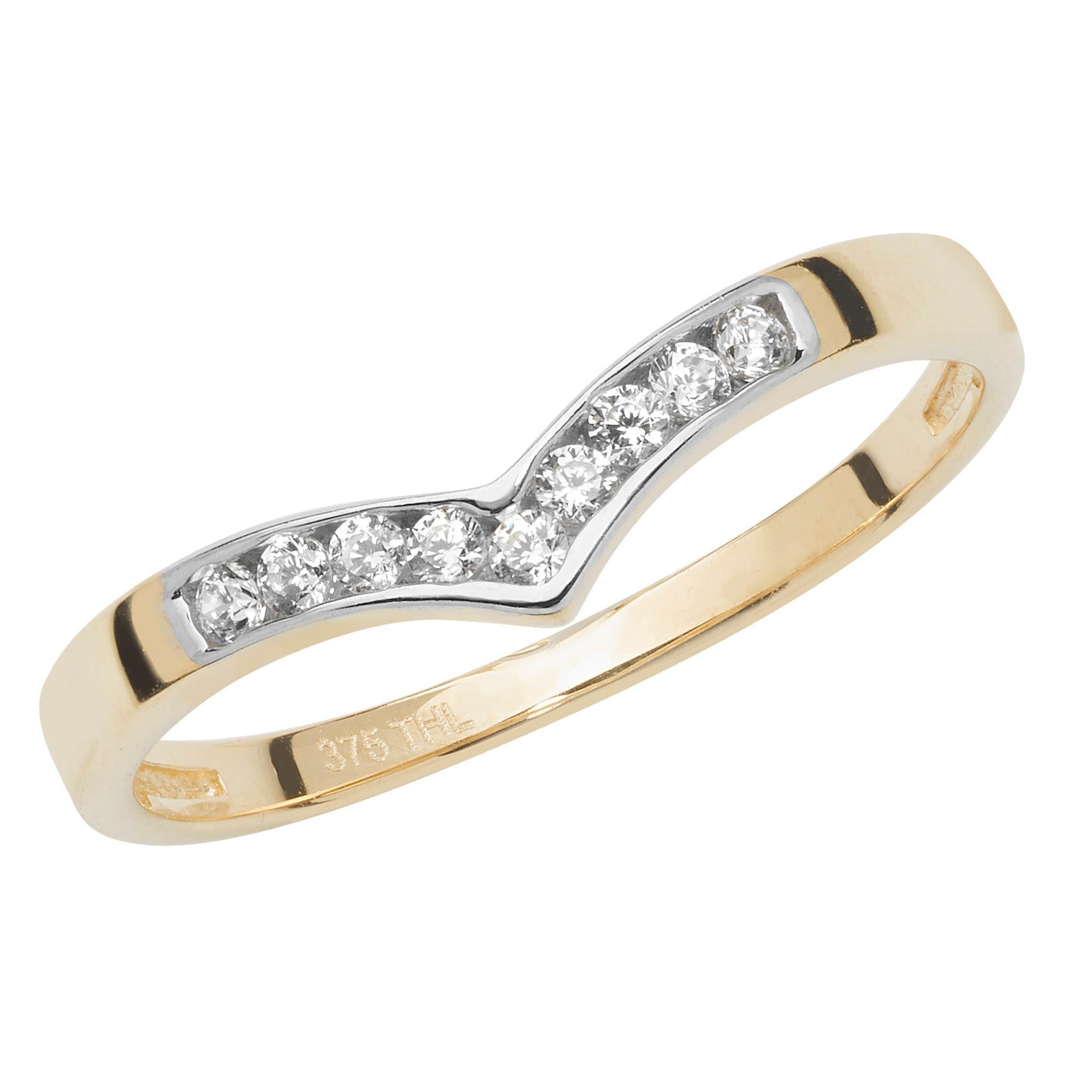 A 9ct yellow gold ladies wishbone ring with a chevron-shaped band, featuring a row of sparkling cubic zirconia stones set along the top.