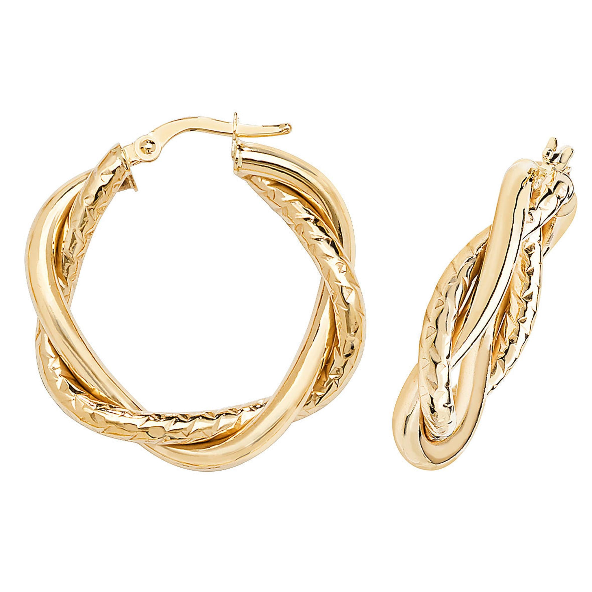 The 9CT GOLD 20MM DOUBLE TUBE DIAMOND CUT TWIST CREOLE EARRINGS feature an interwoven, textured design and are displayed from two angles against a white background.