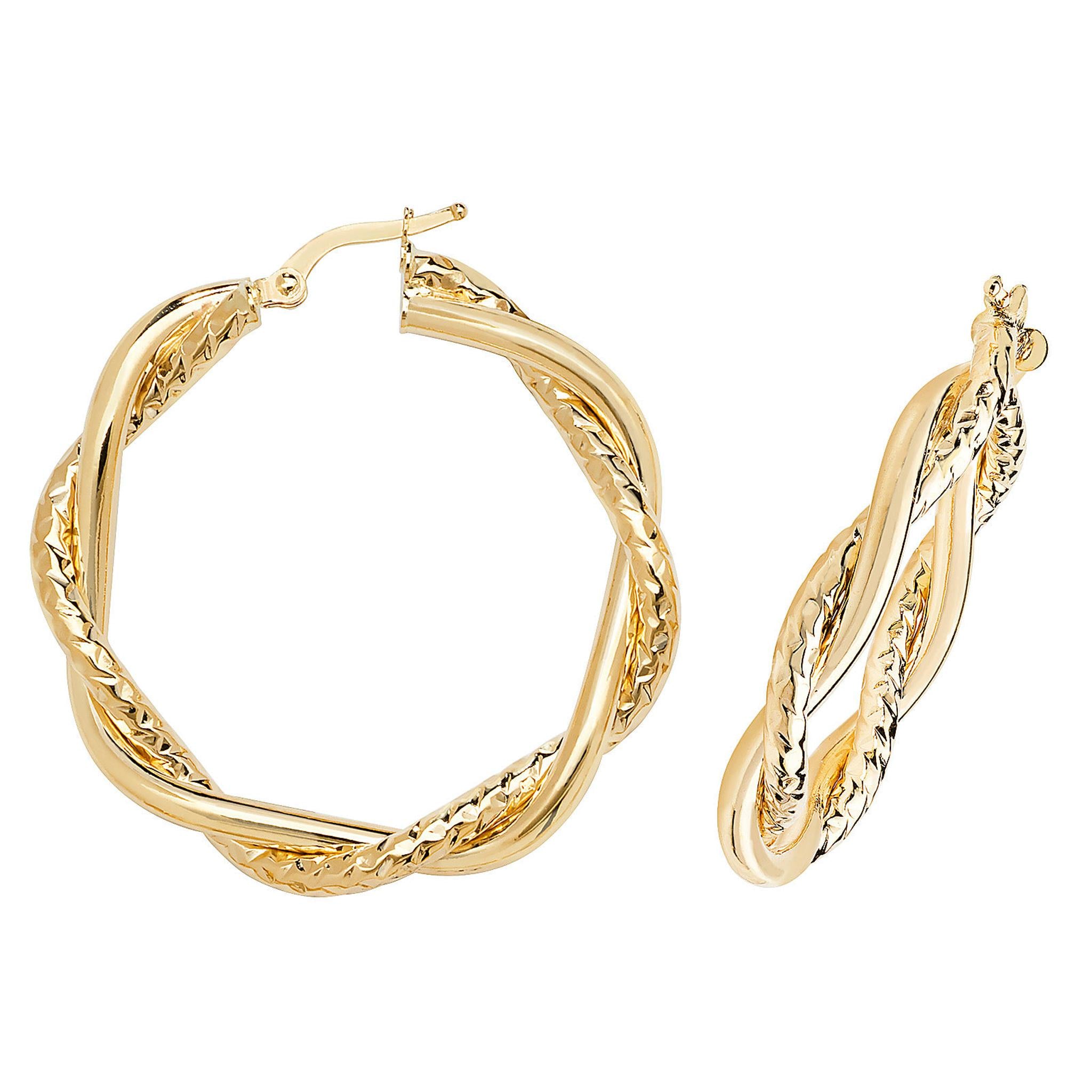 9CT Gold 30mm Double Tube Diamond Cut Twist Creole Earrings, crafted in yellow gold with an interwoven design, shown from front and angled side view.