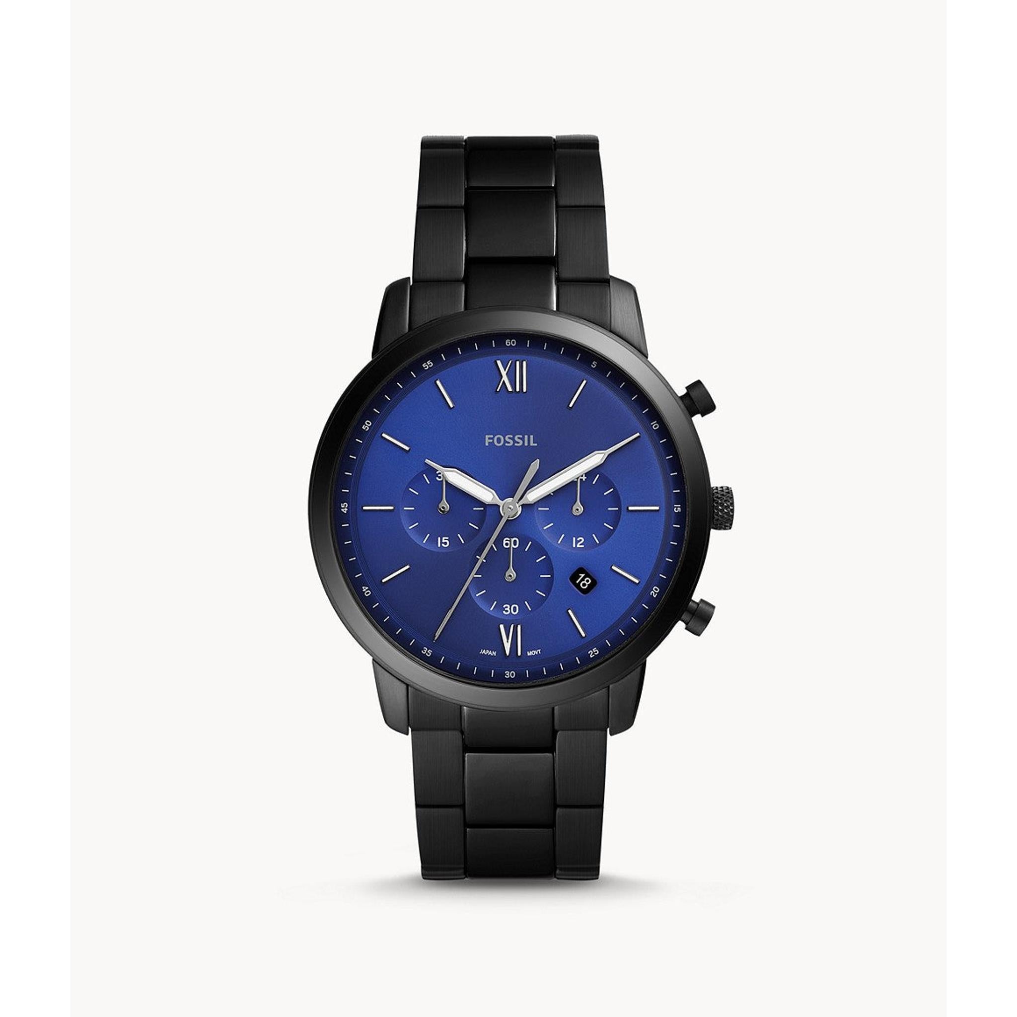 The Fossil Mens Neutra Stainless Steel Chronograph Watch FS5698 features a blue dial, black bracelet, three subdials, Roman numerals, and a date window at 4 o’clock.