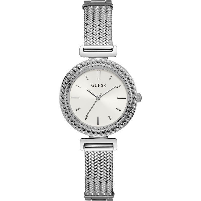 The Guess Ladies Monroe Watch W1152L1 features a silver-tone round dial, simple hour markers, adjustable G-Links, a woven metal bracelet, and a textured bezel.