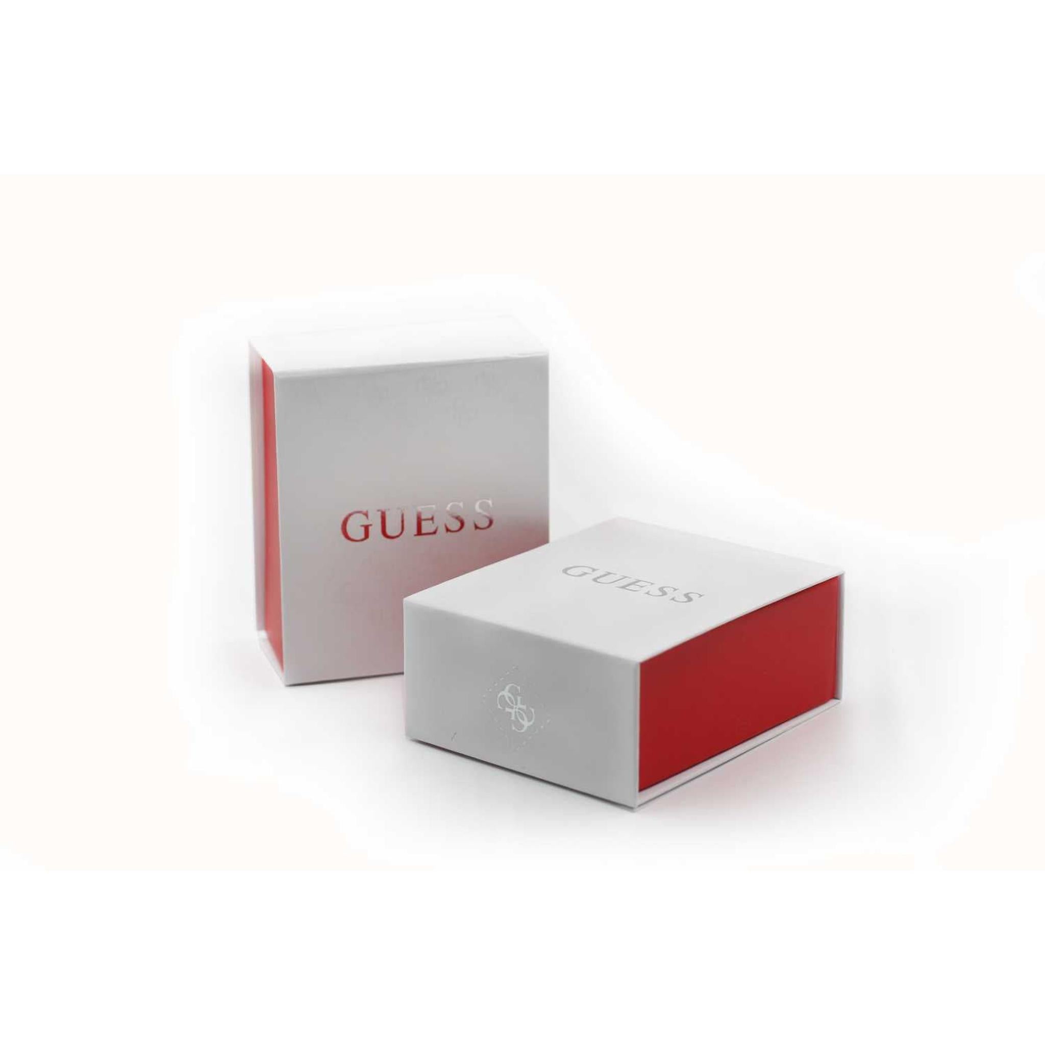 Two white and red rectangular GUESS JEWELLERY boxes, one upright and one flat, on a plain white background—ideal for gifting the GUESS JEWELLERY G SHINE Silver Tone Crystal 16-18" Pave Heart Necklace UBN79034.