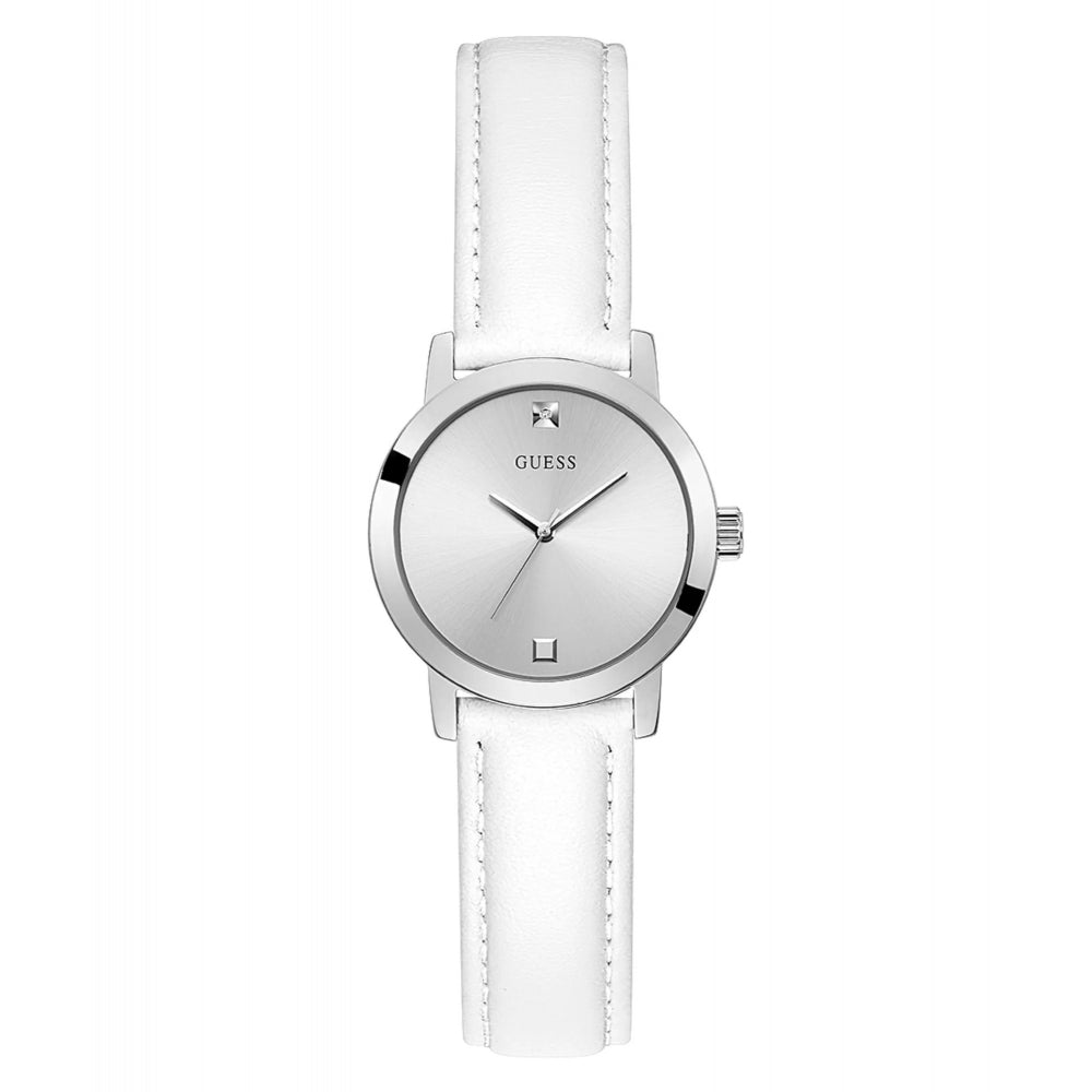The Guess GW0246L1 Ladies' Silver-Tone Mini Nova features a white leather strap and diamond accents, with a minimalist, numeral-free dial; elegantly showcased against a white background.