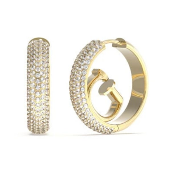 Gold hoop earrings with clear gemstones on a white background