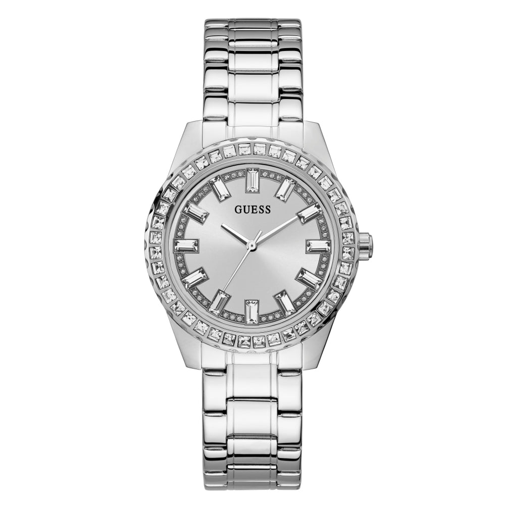 The Guess GW0111L1 Women's Sparkler Silver Tone Watch features a metal link band, sparkling crystal bezel, silver dial, and bold hour markers for standout style.
