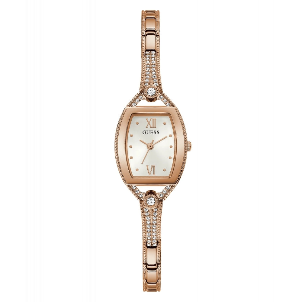 The Guess GW0249L3 Ladies Bella Rose Gold Tone Watch features a rectangular face, Roman numerals at 12 and 6, sparkling crystals on the bracelet band, and adjustable G Links for a perfect fit.