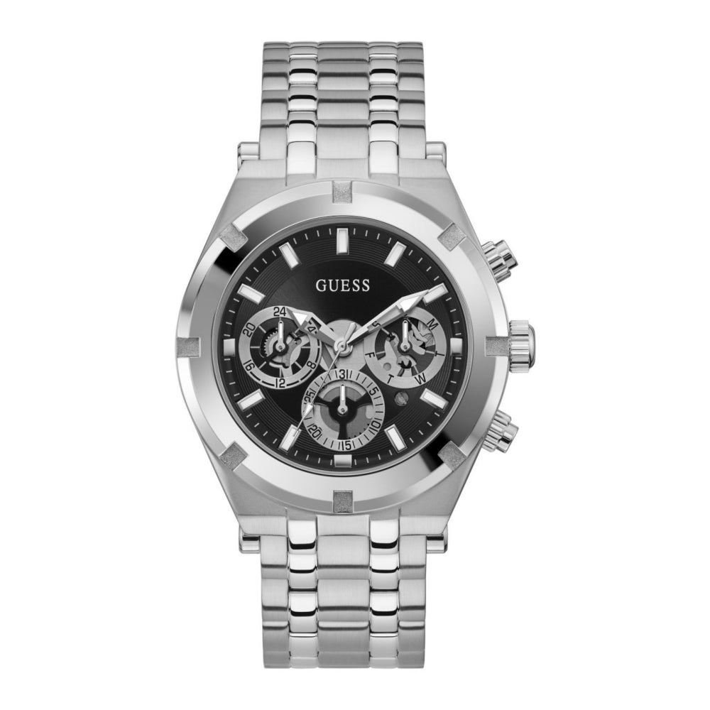 The Guess GW0260G1 Men's Silver Tone Continental Steel Bracelet Watch features a black multifunction dial with several subdials and a sleek metal link band, shown against a white background.