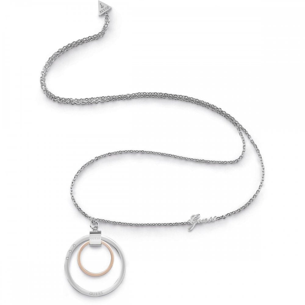 The GUESS JEWELLERY UBN29033 Two Tone Eternal Circles 32" Necklace features interlocking gold and silver rings with a "Guess" logo pendant—an elegant accessory to elevate any outfit.