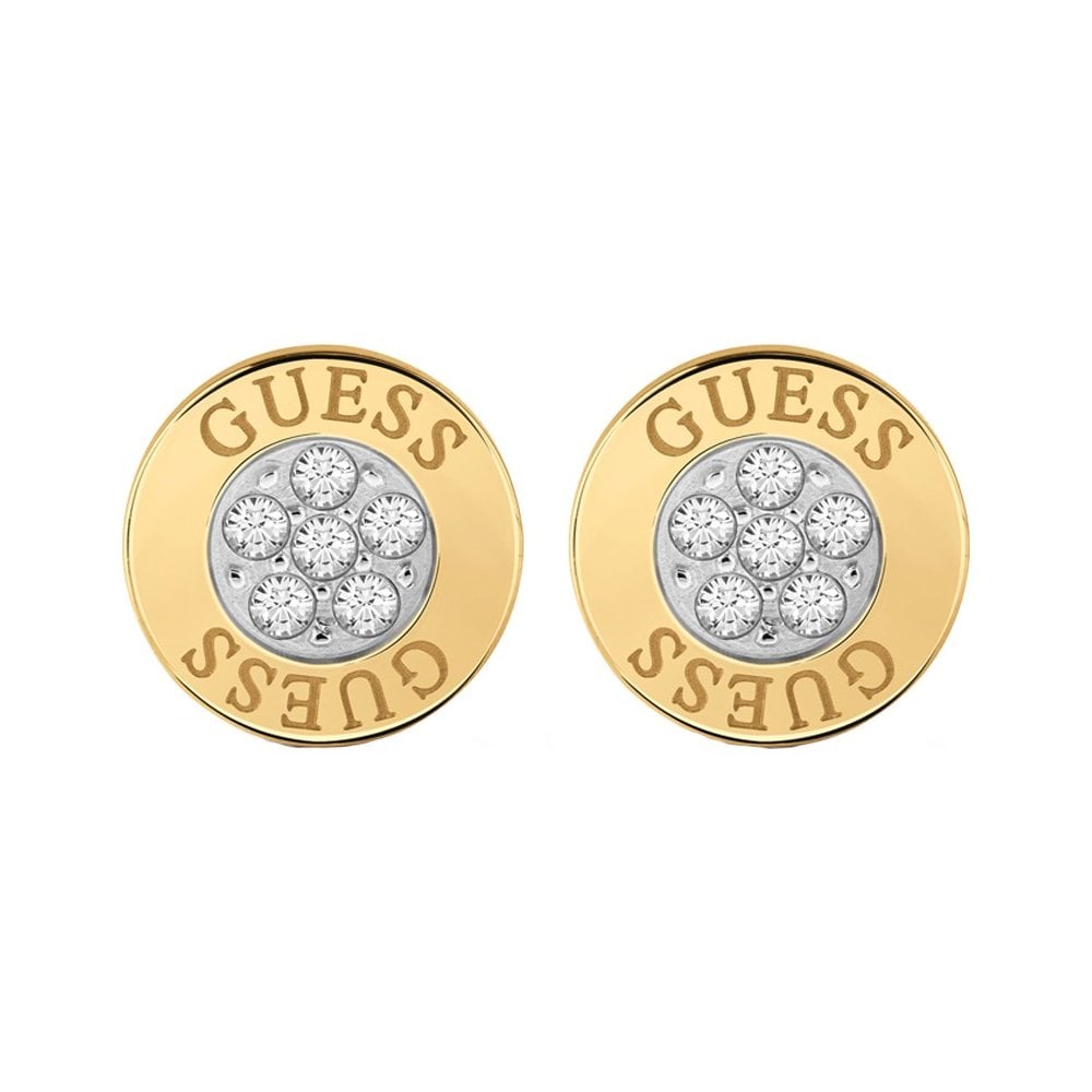 The Guess UBE78023 Love Knot Gold Tone Crystal Button Stud Earrings feature a gold-tone design with sparkling crystals, making them an elegant accessory for any occasion.