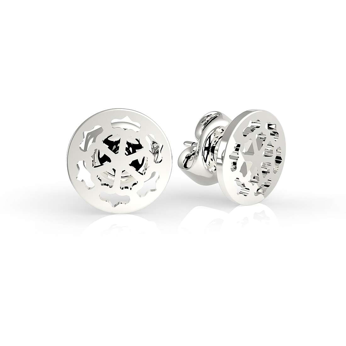 A pair of Guess Peony Art Earrings (UBE29075) with a round, silver design featuring a cut-out anchor and rope motif, reminiscent of classic stainless steel studs, displayed on a white background.