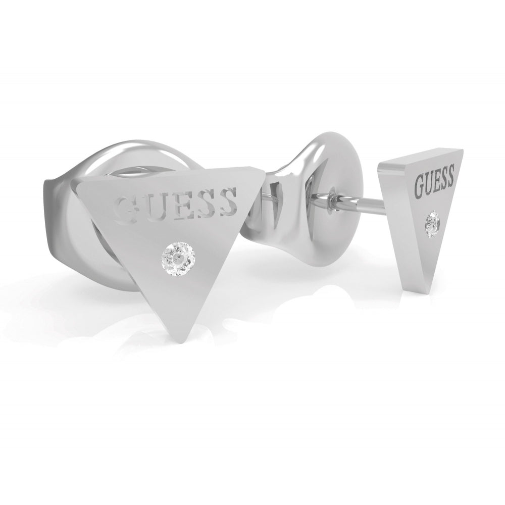The Guess UBE79036 Women's Silver Tone Miniature Triangle Stud Earrings feature a "GUESS" engraving and a clear gemstone set in each, crafted in stainless steel for a modern, stylish look.