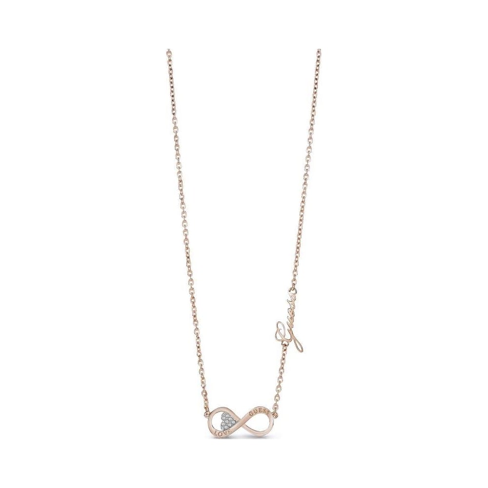The Guess UBN85013 Endless Love Rose Gold Tone Crystal Infinity Necklace showcases a sparkling infinity pendant with Swarovski crystals and a delicate butterfly charm for elegant style.