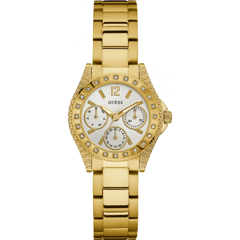 The Guess w0938l2 Impluse Ladies Gold Tone Watch features a crystal-set bezel, sleek metal band, and three subdials on a silver-toned face for timeless elegance.