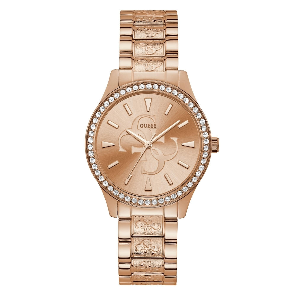 The Guess W1280L3 Ladies Anna Rose Gold Tone Watch features a crystal-studded bezel, logo-engraved bracelet, and a minimal dial with gold hour markers and hands.