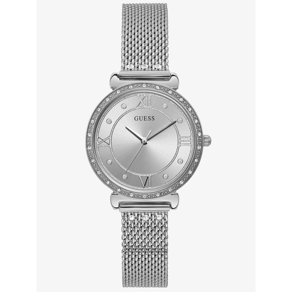 Guess W1289L1 Women's Jewel Silver Tone Mesh Bracelet Watch features a round face with Roman numerals, crystal-accented bezel, and stainless steel mesh band, displayed on a plain white background.