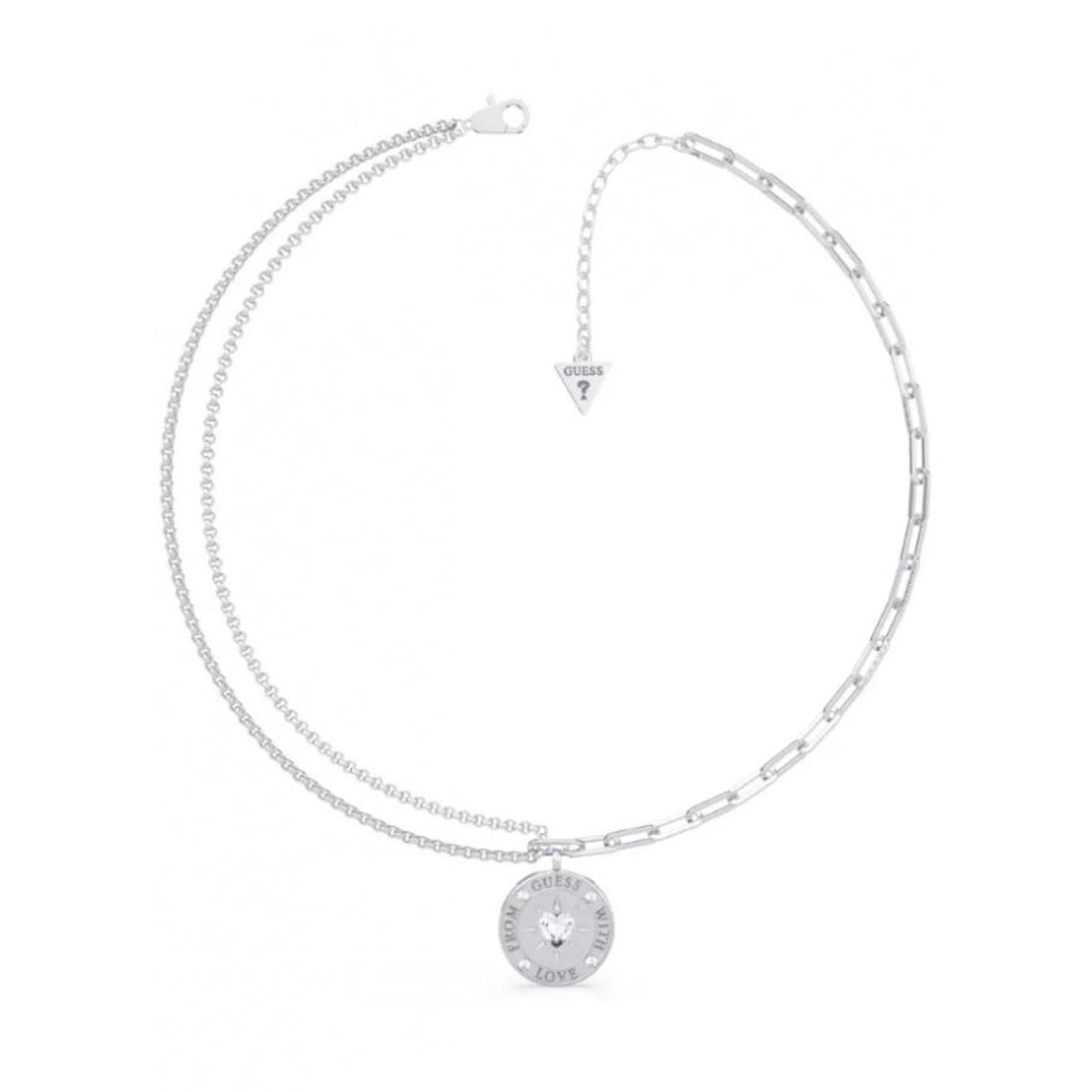 The GUESS JEWELLERY Ladies With Love Silver Tone Double Chain Necklace UBB70000 features two chain styles, a "LOVE GUESS" engraved round pendant, heart-shaped crystal detail, and an adjustable clasp with triangle GUESS tag.