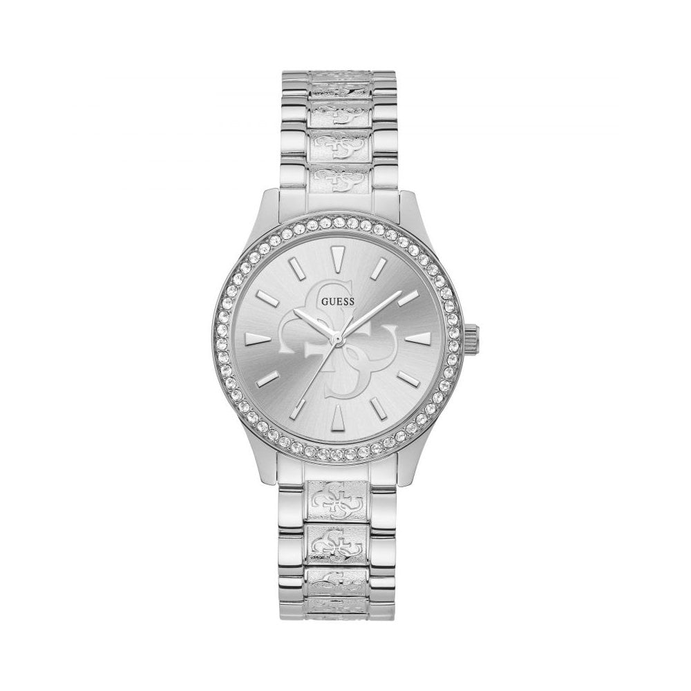 The GUESS W1280L1 Ladies' Anna Silver Tone Bracelet Watch features a round face, crystal-studded bezel, and metal logo-embossed link band with silver hour markers and hands for an elegant look.
