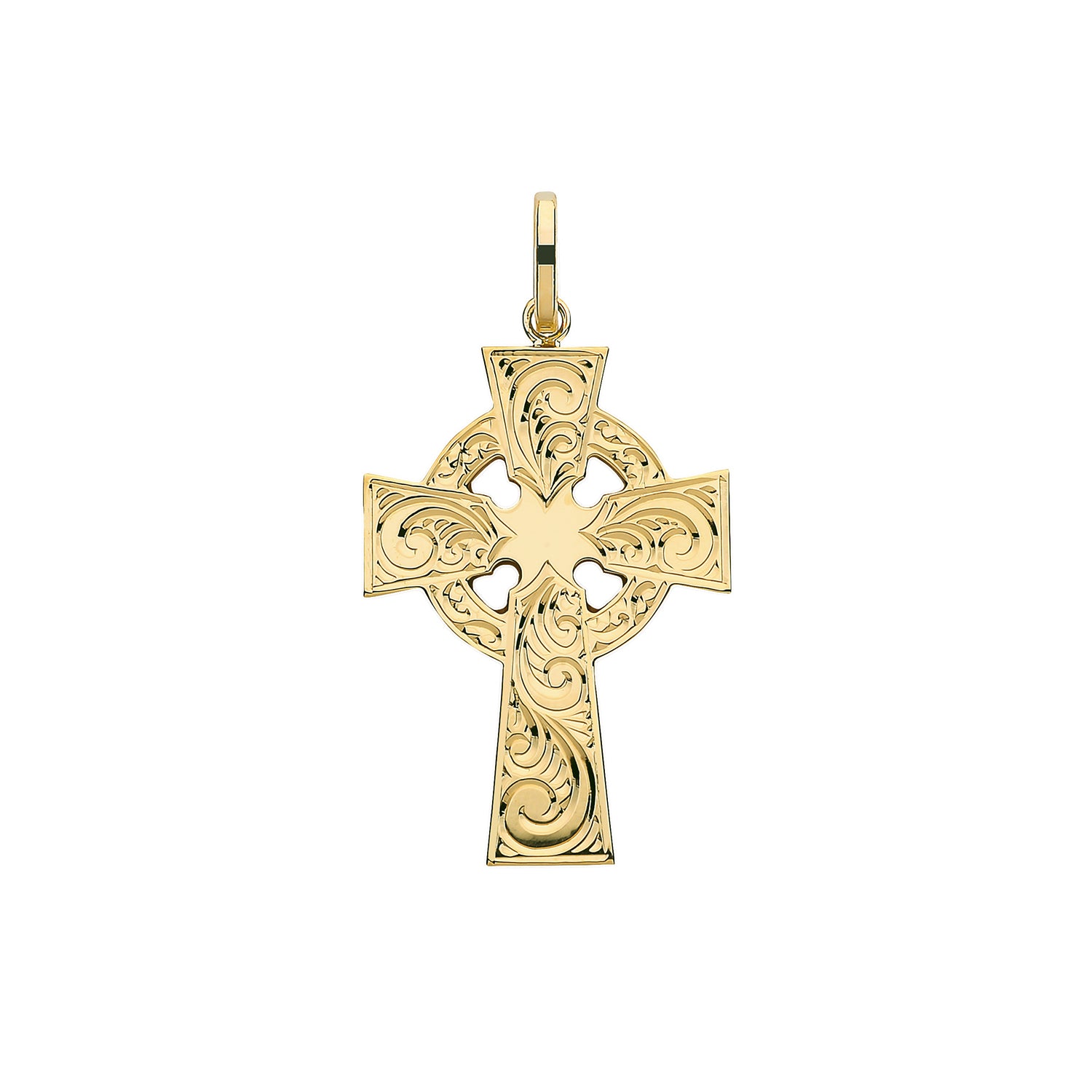 9CT Gold Heavy Weight Irish Celtic Cross Engraved Pendant shown on a plain white background, featuring detailed scrollwork.