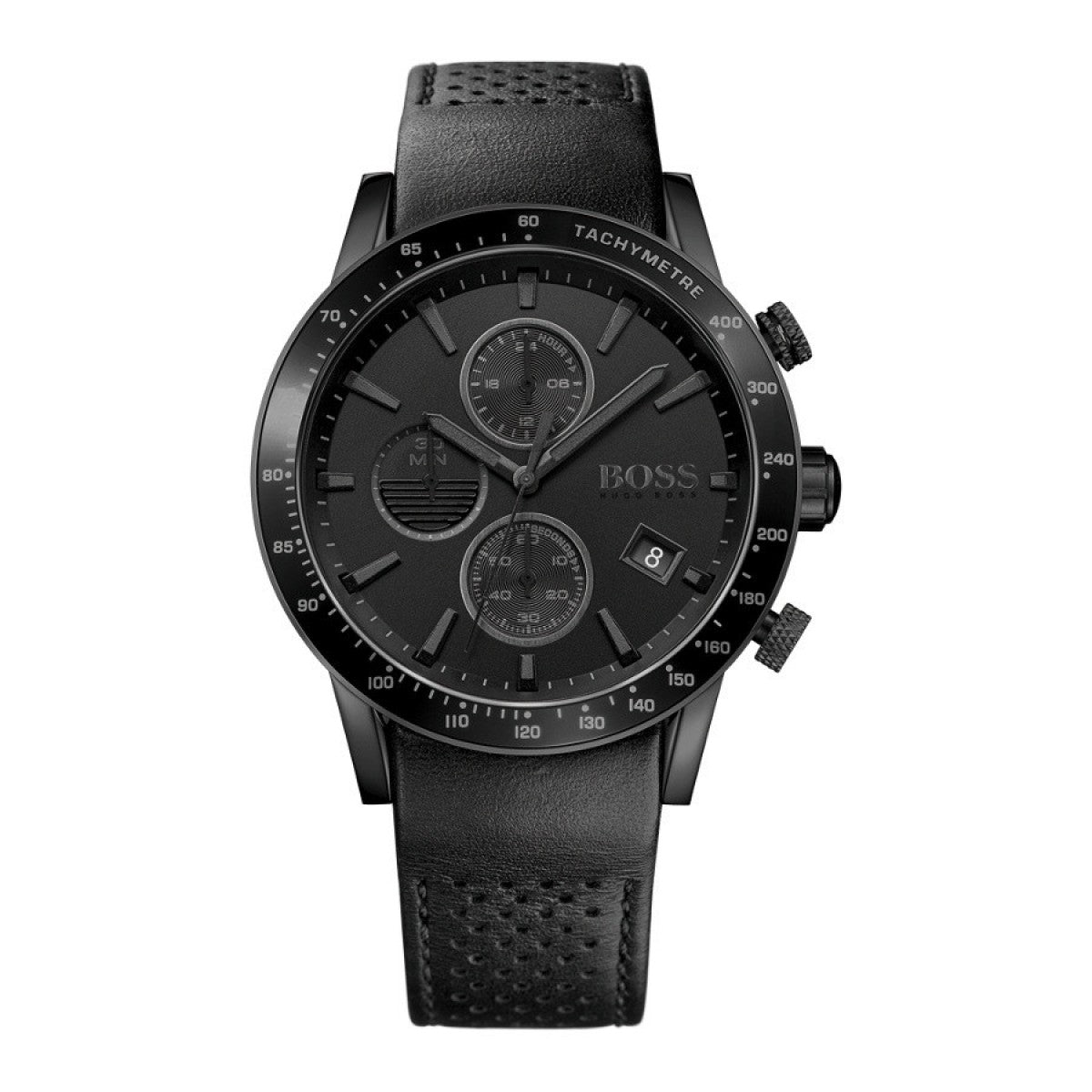 The Hugo Boss Rafale Chronograph Watch 15113456 features a black dial, black leather strap, three subdials, and a date display at 4 o’clock.