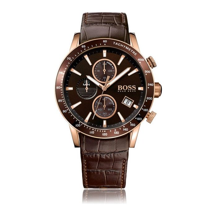The HUGO BOSS 1513392 Rafale Men's Chronograph Watch features a brown leather strap, rose gold case, black dial with chronograph subdials, date window, and "BOSS" branding on the face.