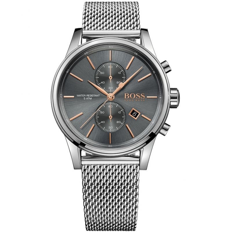 The Hugo Boss Jet Chronograph Watch 1513440 features a silver mesh band, dark gray dial, rose gold hour markers, three subdials, and "BOSS" displayed on the right side.