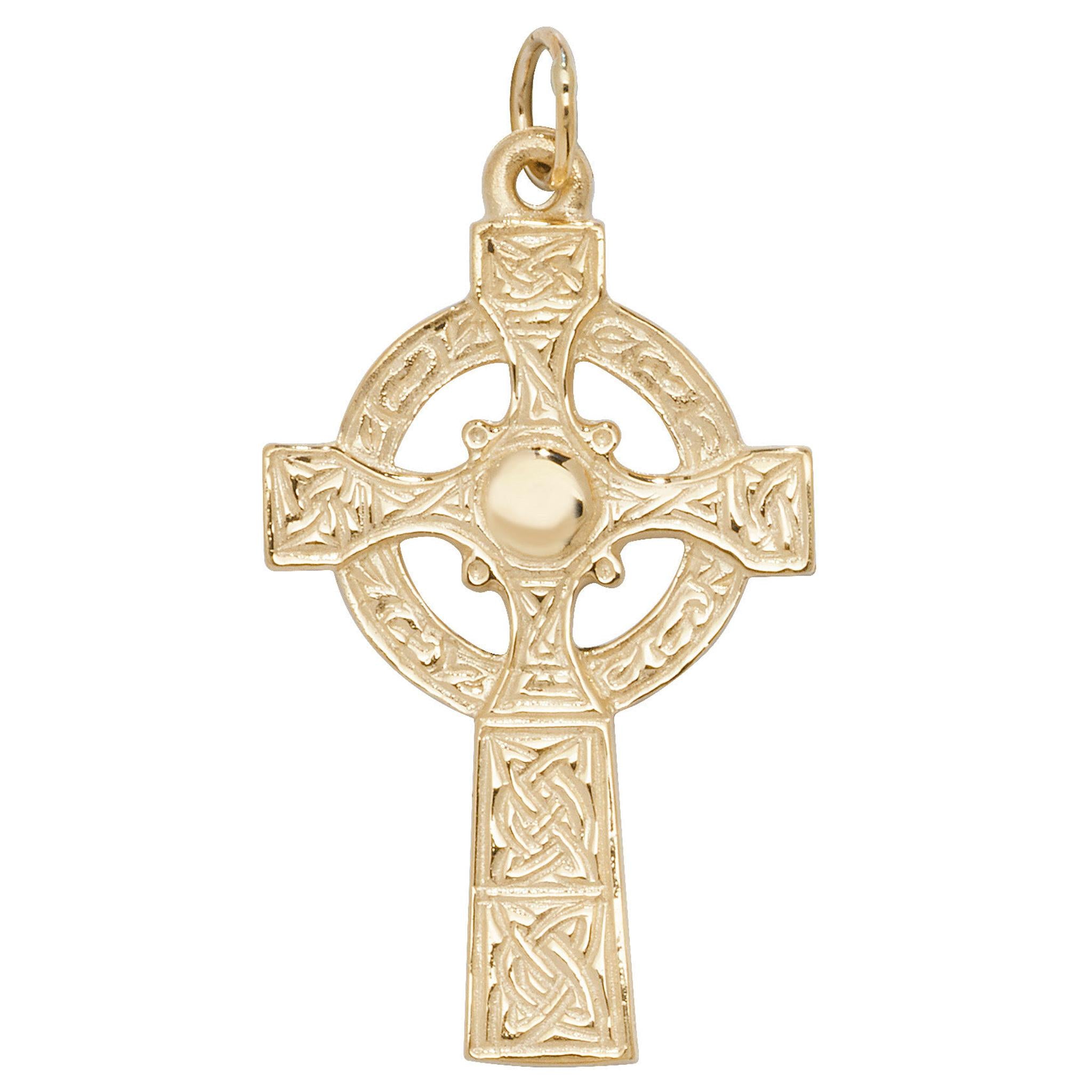 The 9ct Yellow Gold Med Irish Celtic Cross Pendant features intricate knotwork designs and a circular ring intersecting the cross, all crafted in yellow gold.