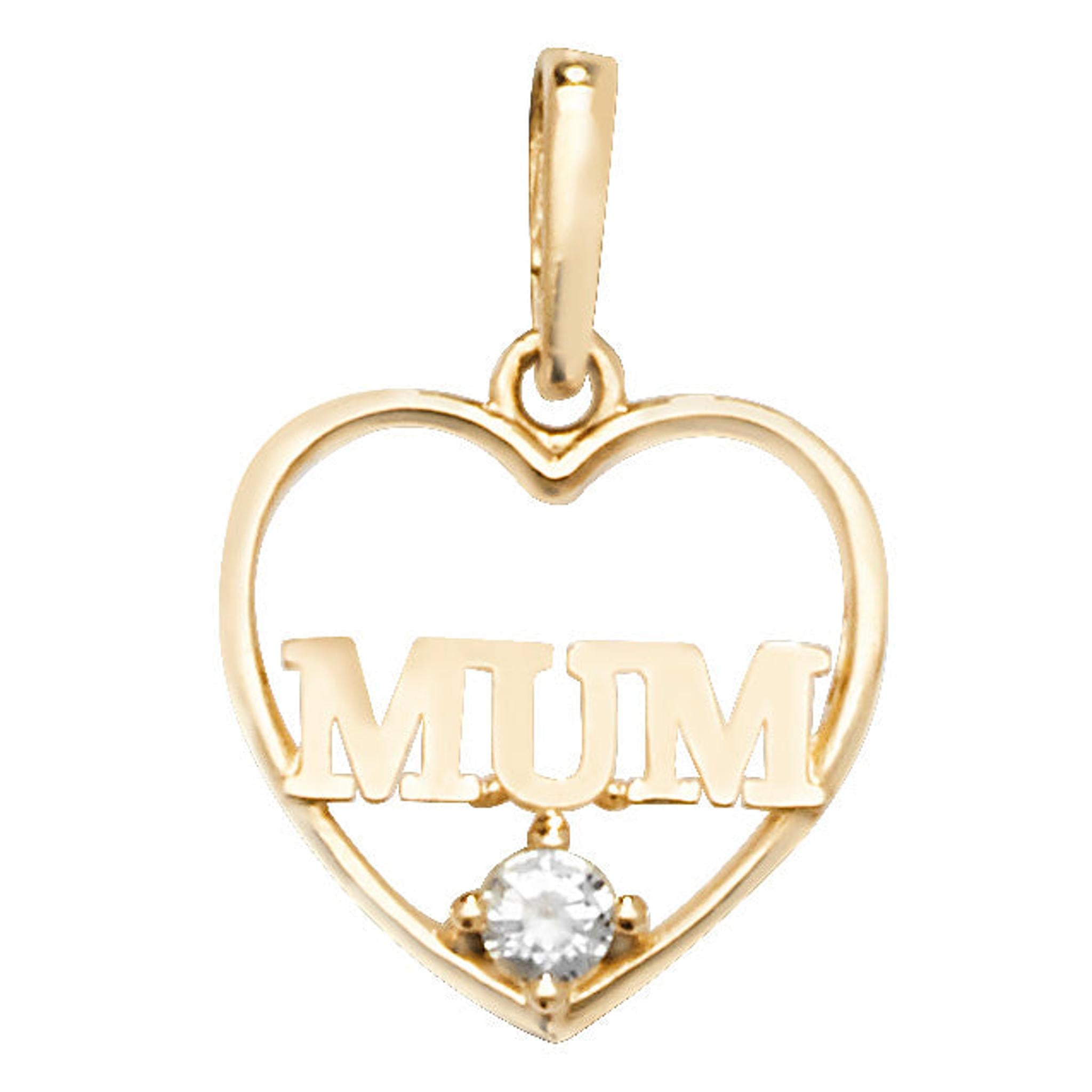 The 9CT GOLD MUM IN HEART WITH CUBIC ZIRCONIA STONE PENDANT features "MUM" at the center and a sparkling CZ heart gemstone—an elegant, timeless gift she'll cherish always.