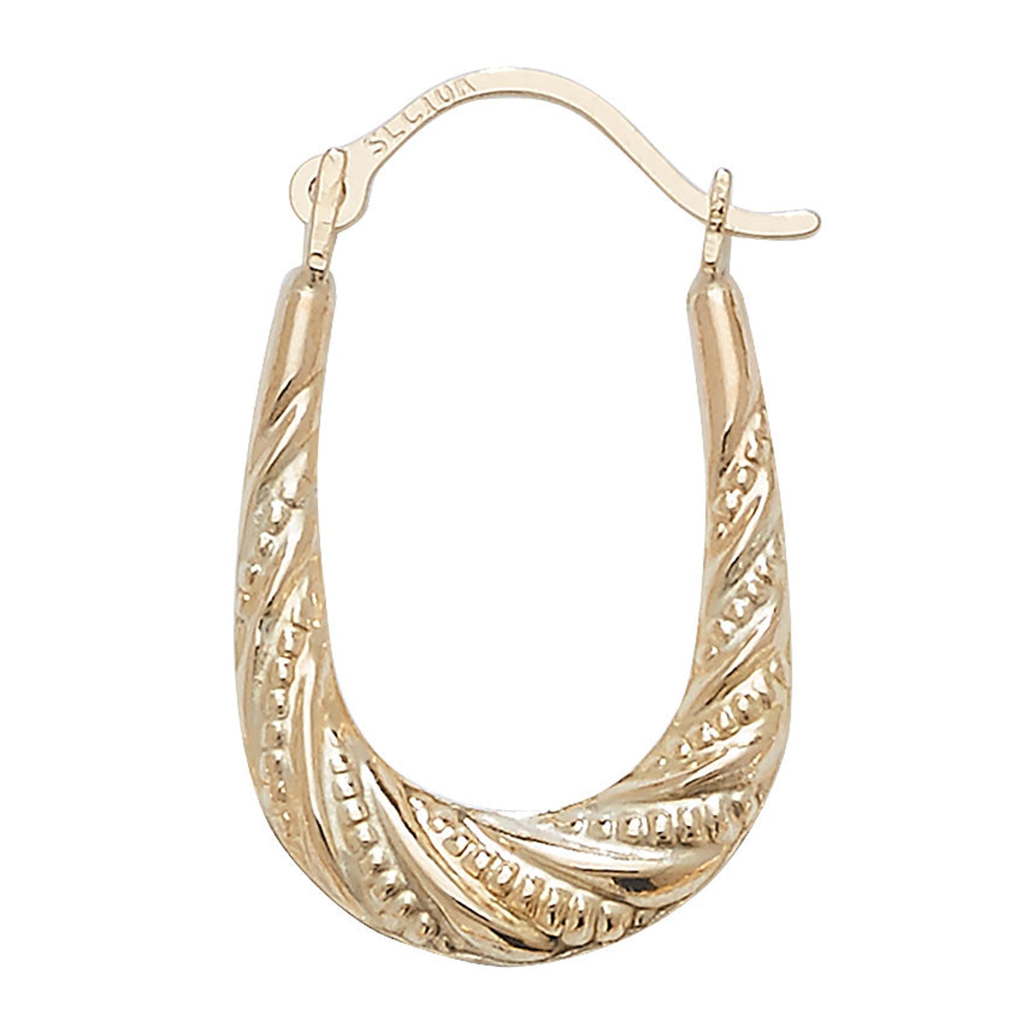 A single 9ct gold ladies polished/pitted oval creole earring featuring a textured twisted design and a secure hinged snap clasp.