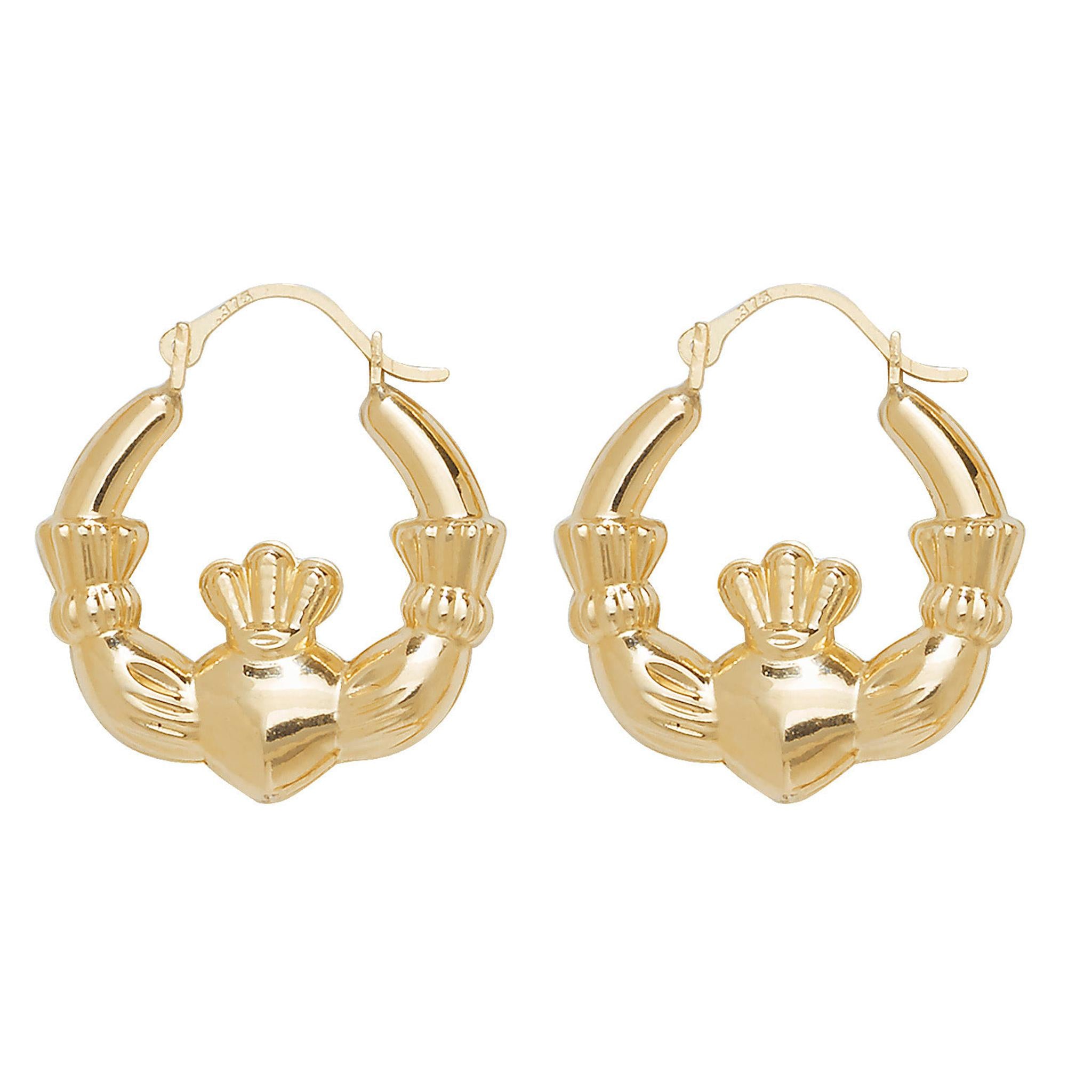 The 9CT GOLD SMALL IRISH CLAD CREOLE EARRINGS are crafted from 9ct yellow gold, featuring classic hoops in the traditional Claddagh heart, crown, and hands design.
