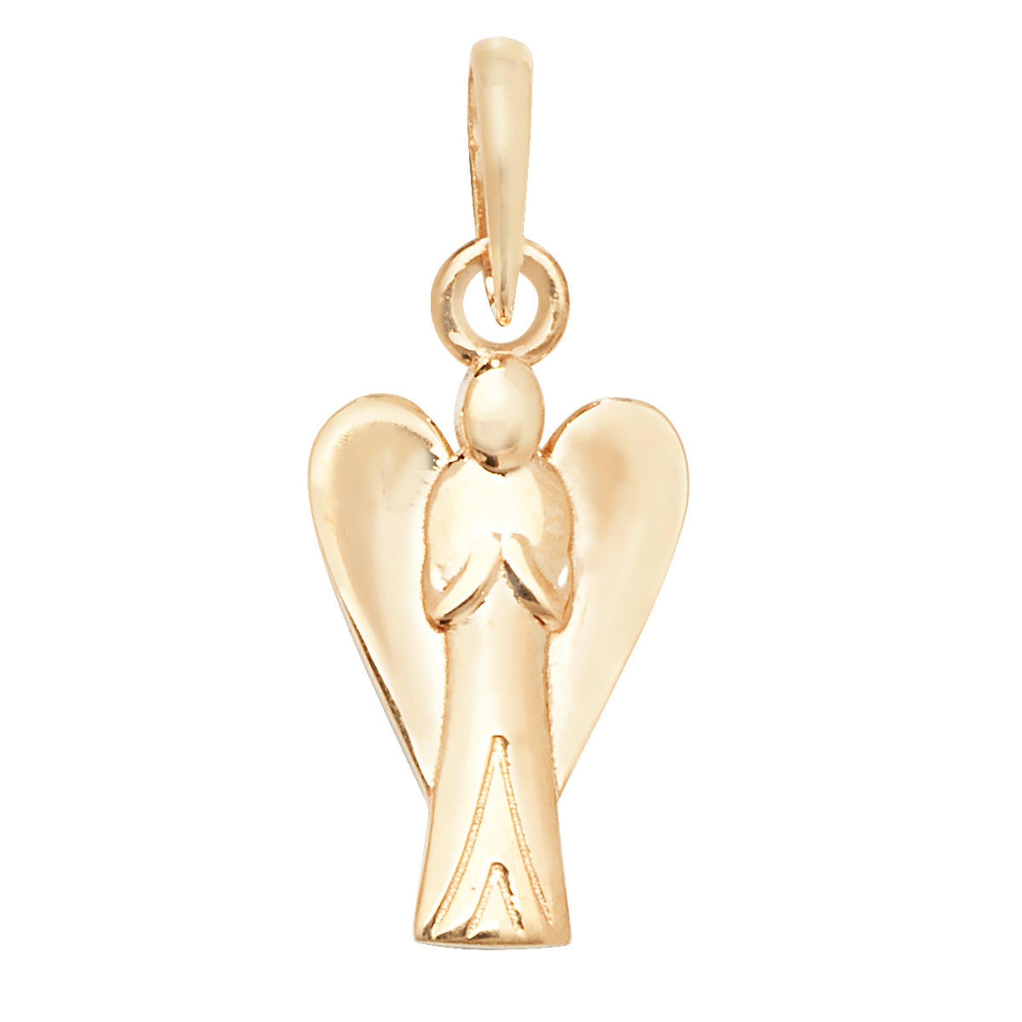 The 9ct GOLD STANDING ANGEL PENDANT features an angel design with engraved details and a loop for attaching to a necklace, making it a graceful addition to any jewelry collection.