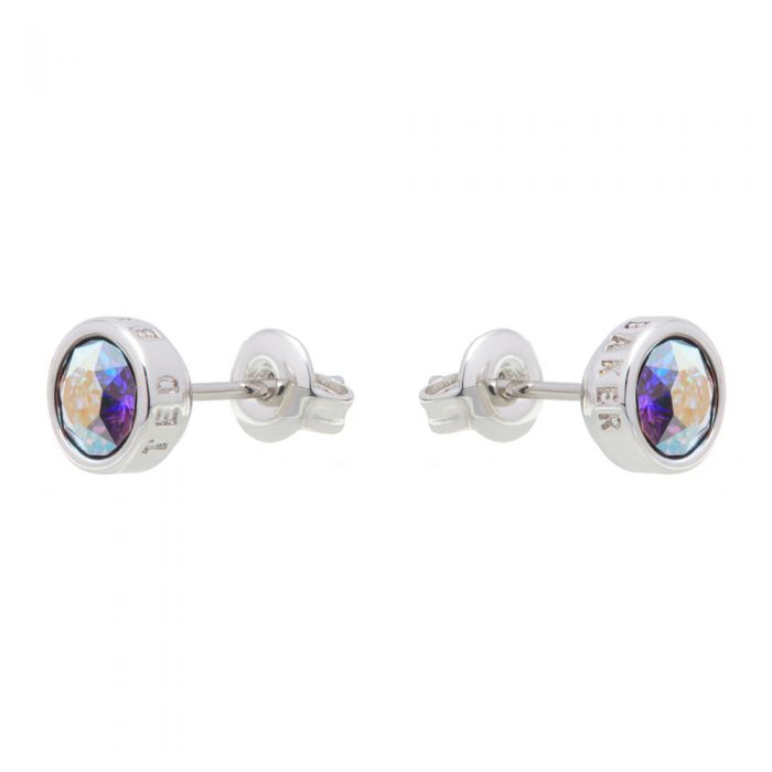 The Ted Baker Sinaa Silver Finish Crystal Aurore Stud Earrings (TBJ1084-01-77) feature round iridescent crystals in silver bezel settings, displayed against a white background.