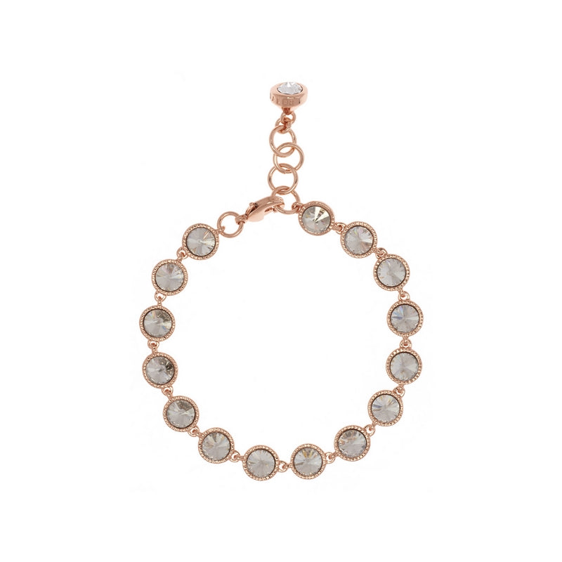 The TED BAKER Raalyn Rivoli Crystal Rose Gold Plated Bracelet (TBJ1292-24-02) features round clear Swarovski Crystals in individual bezels, plus an adjustable clasp with extender chain.