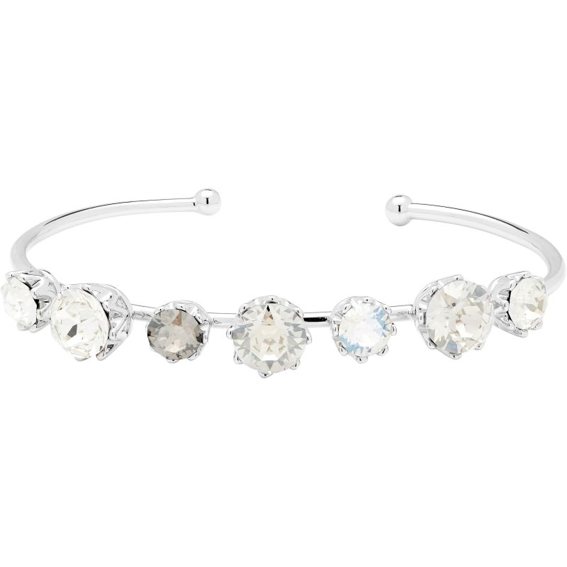 The Ted Baker Ladies Silver Tone Cheska Crystal Crown Ultrafine Cuff Bangle (TBJ1331-01-230) is a silver open cuff adorned with seven round, multi-colored Swarovski crystals set in prongs along the top.