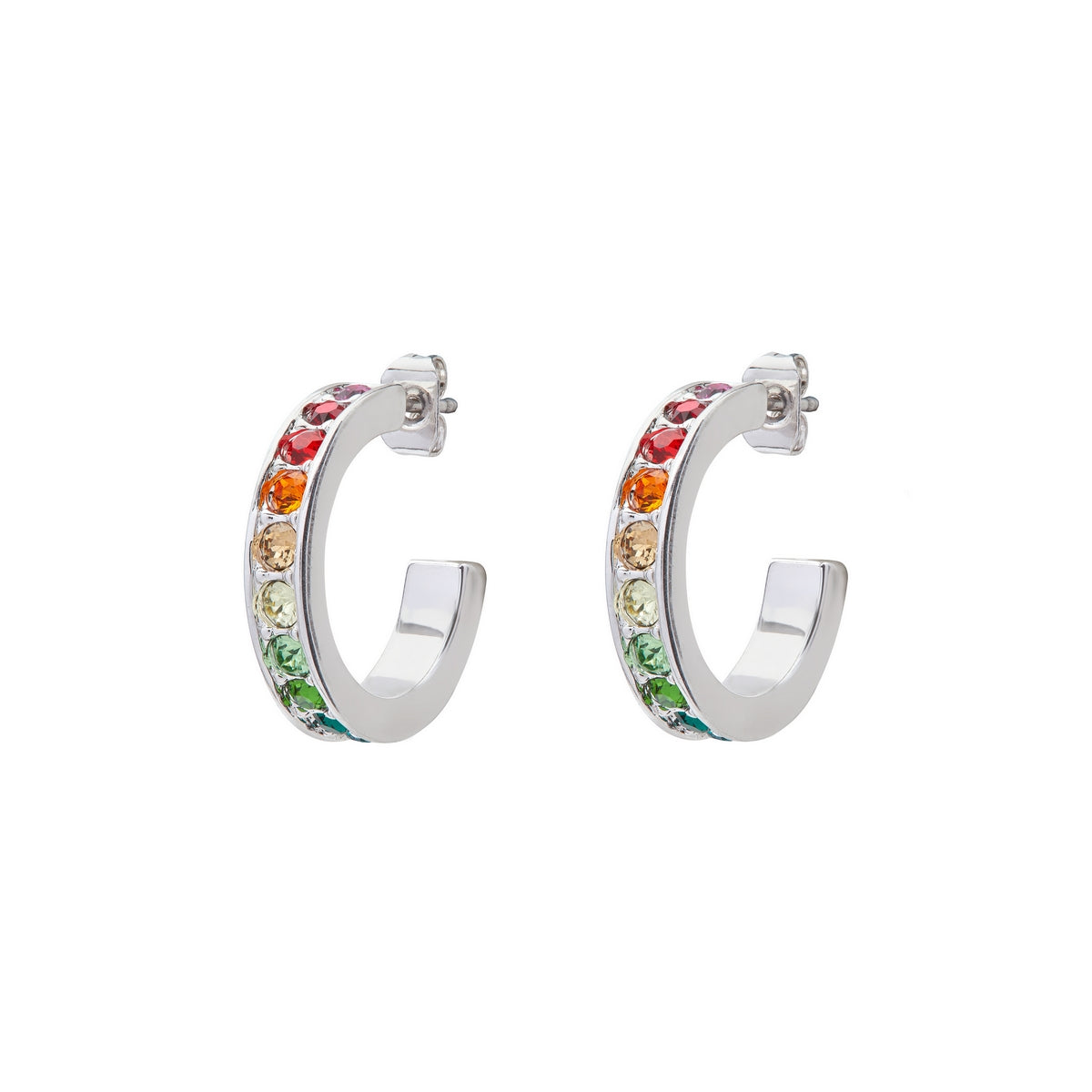 TED BAKER Seannia Small Rainbow Crystal Hoop Earrings (TBJ2111-01-65) are silver hoops adorned with multicolored crystals, arranged in a vibrant gradient from green to red along the front curve.