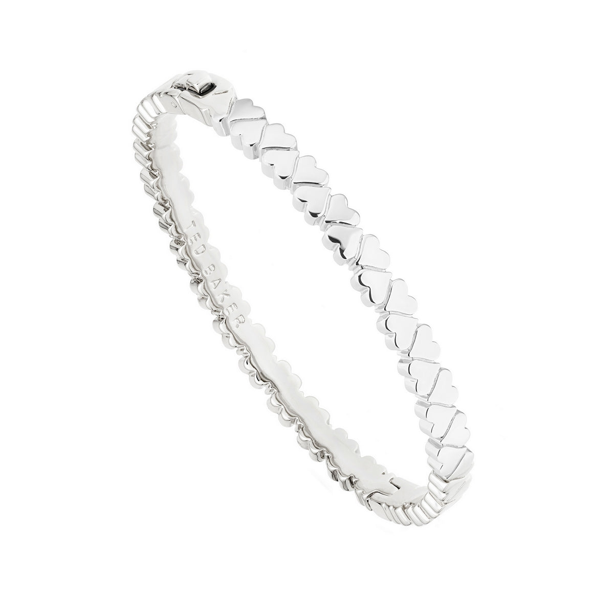 The Ted Baker Ladies Clemisha Silver Finish Hinged Heart Bangle TBJ2127-01-03 features a repeating heart-shaped pattern on its band and is displayed against a white background.