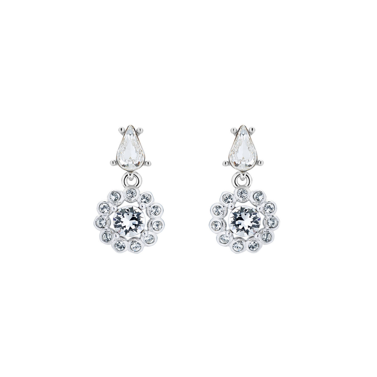 The Ted Baker Lranha TBJ2311-01-02 are silver-finish daisy drop earrings featuring teardrop and round clear stones in a floral design.