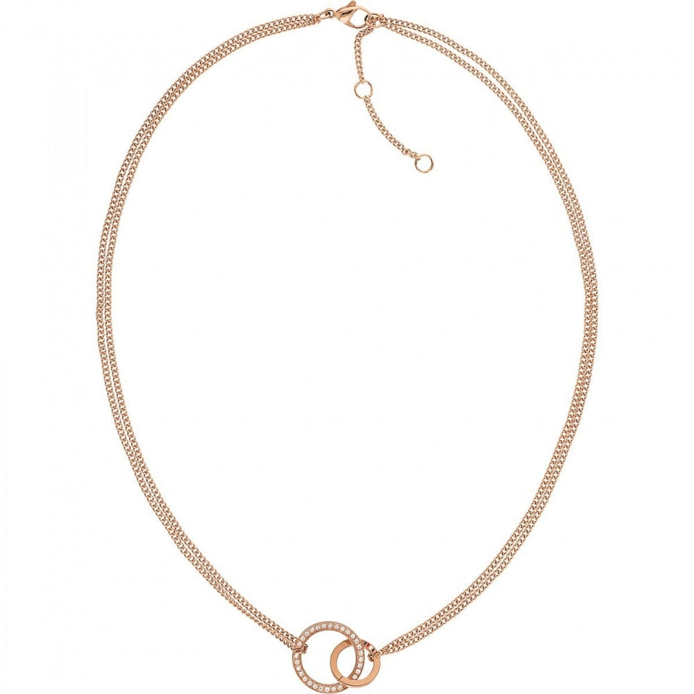 The Tommy Hilfiger Rose Gold Tone Crystal Set Double Open Circle Necklace 2780078 features a delicate double-chain design with two interlocking open circles, one embellished with sparkling crystals.