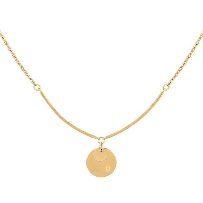 The TOMMY HILFIGER Double Disc Stainless Steel Gold Tone Necklace 2780280 features a fine chain with a curved bar and two round pendants, one large and one small, for an elegant layered look.