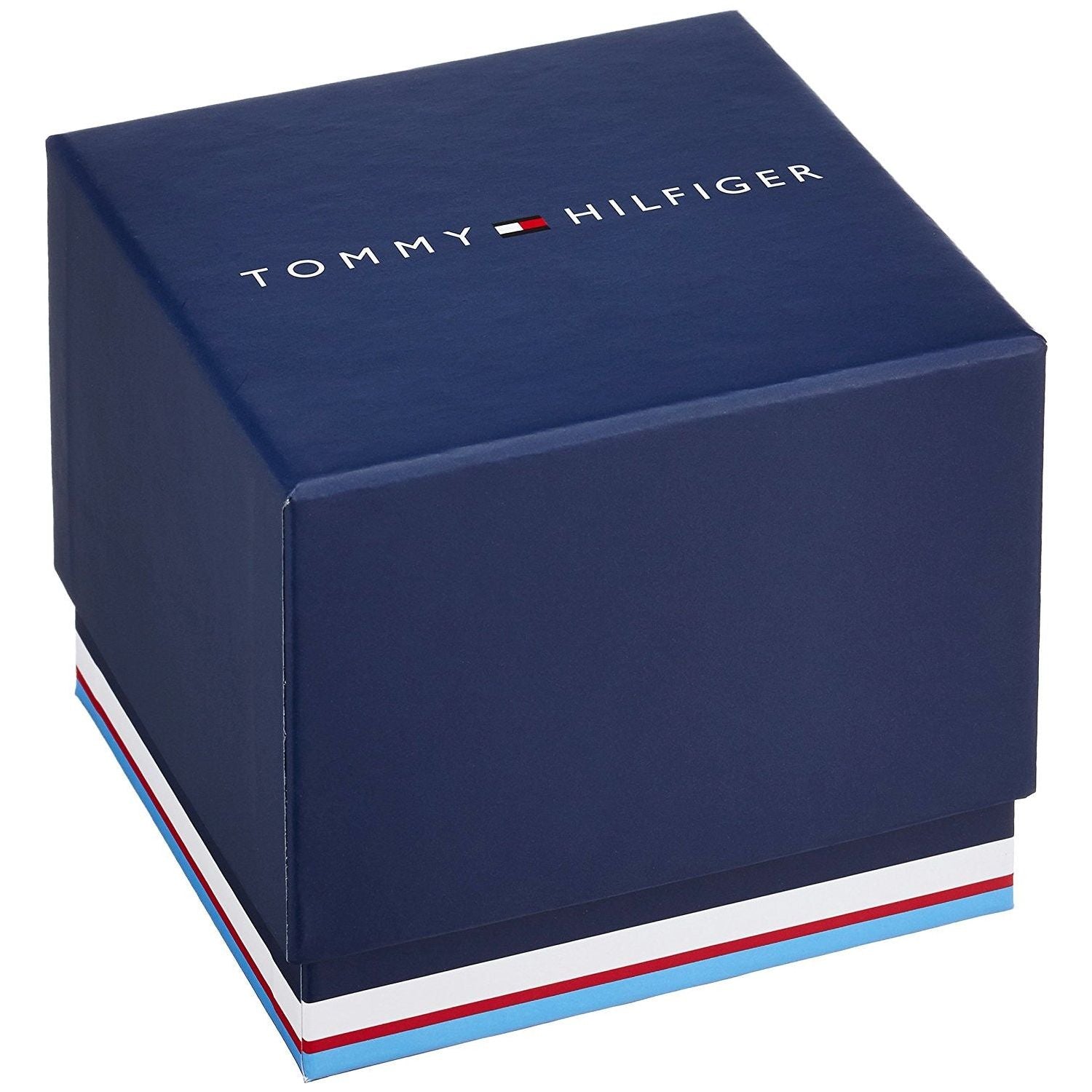 A square blue Tommy Hilfiger gift box with a logo and colored stripes near the base, perfect for presenting the Tommy Hilfiger 1791576 Stainless Steel Gold Tone Bracelet Men's Watch.