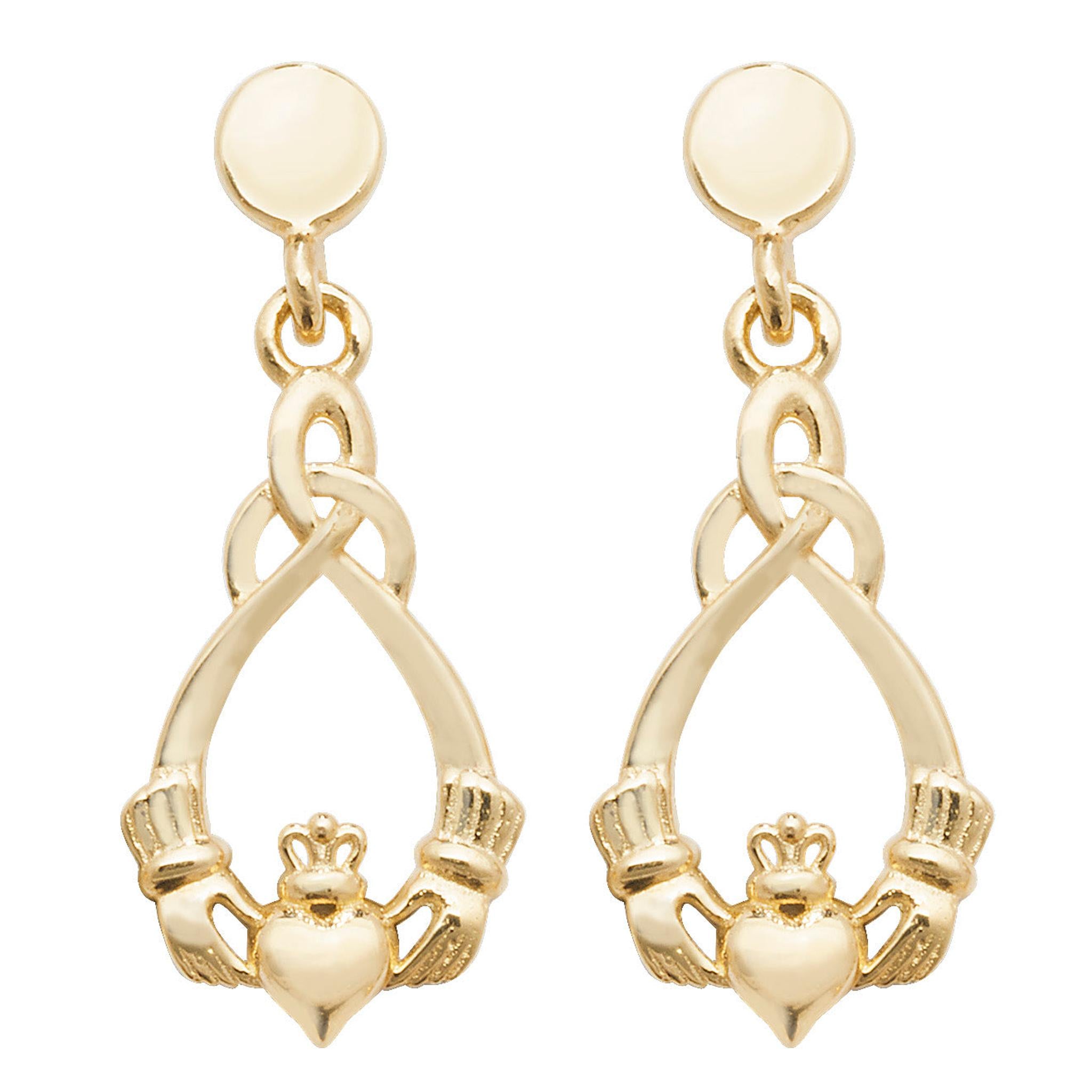 9ct gold Irish Trinity Claddagh drop earrings featuring two hands holding a crowned heart, suspended from classic round studs.