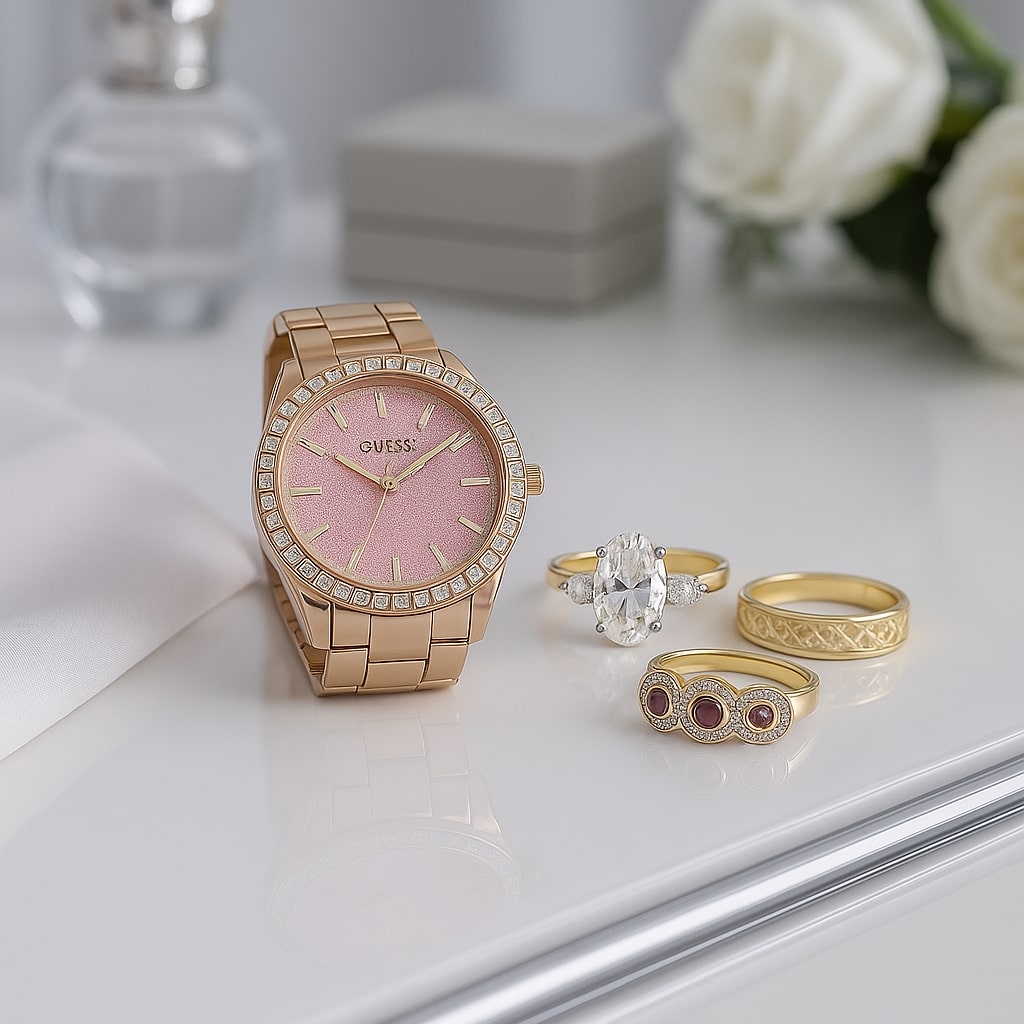Gold watch with pink face and matching rings on a white surface