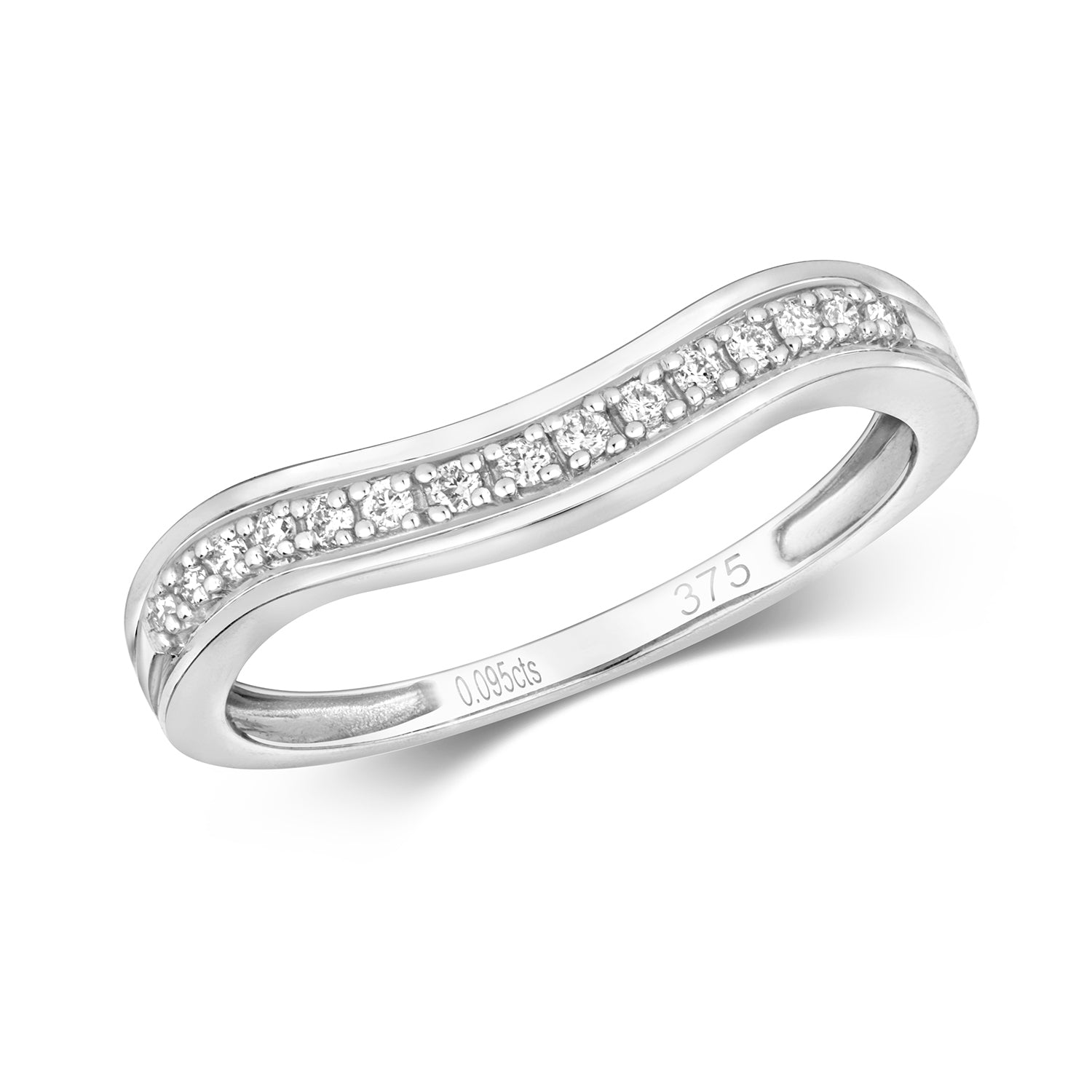 9CT white gold ladies curved diamond band (.95ct) features a gentle wave design set with round diamonds and inner band engraving "0.095cts" and "375".