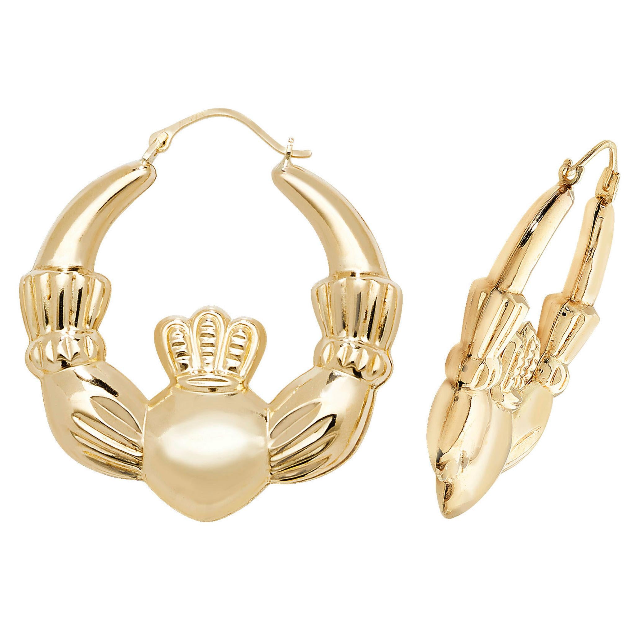 A pair of 9ct gold large Irish Claddagh creole earrings featuring hands holding a crowned heart, displayed from front and side views.