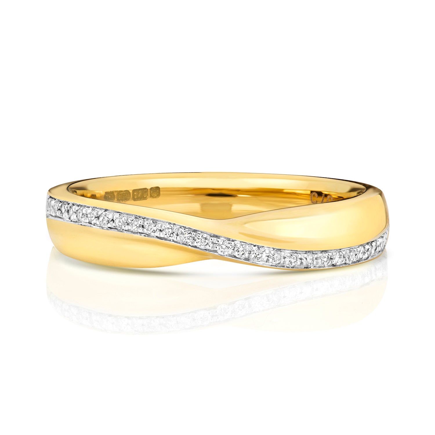 The 9ct Yellow Gold Brilliant Cut Diamond Crossover Wedding Band features a twisted crossover design with a row of embedded white diamonds along one side.