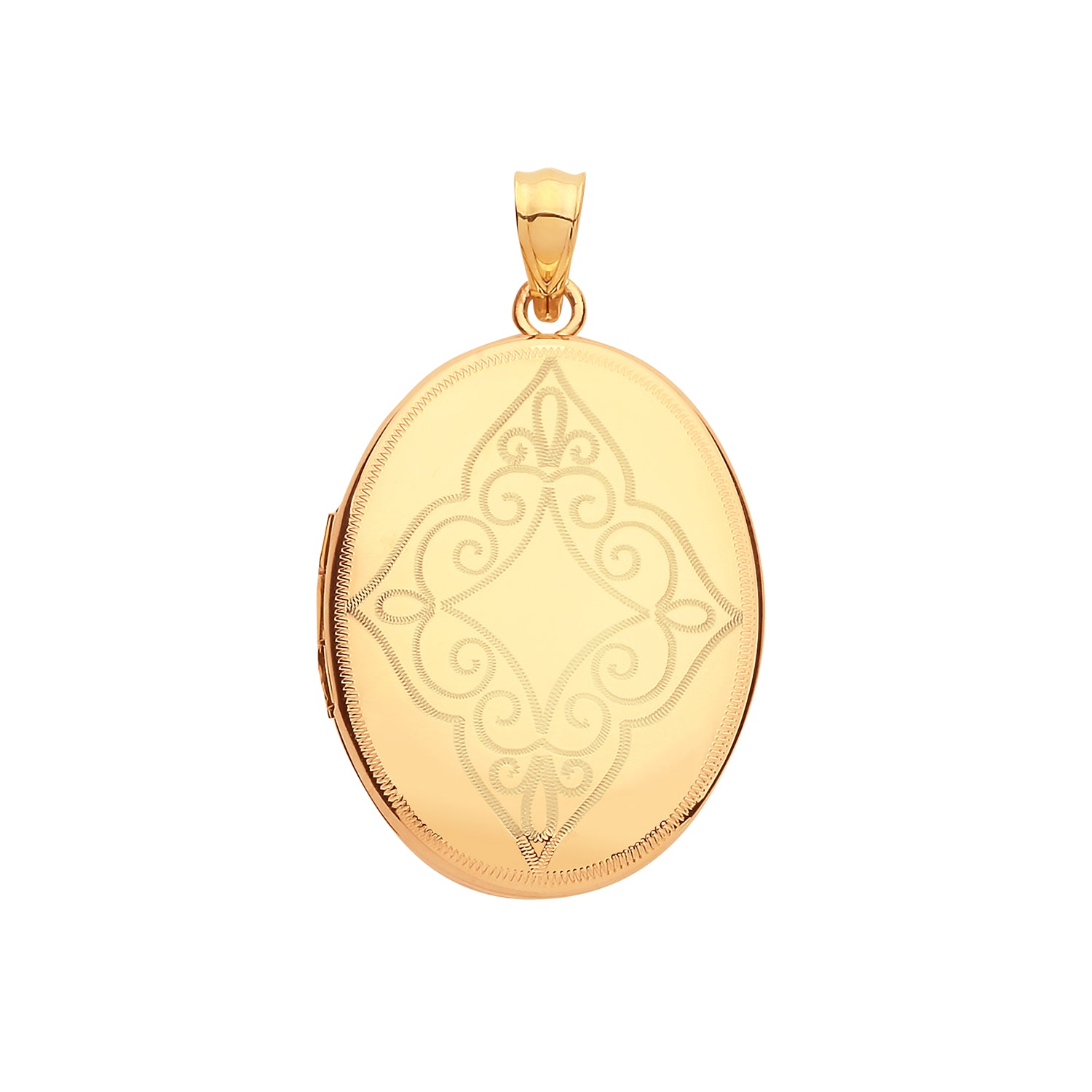 The 9ct Yellow Gold Oval Shape Engraved Locket 20mm features a decorative engraved front and a small top loop for easy attachment to a chain.