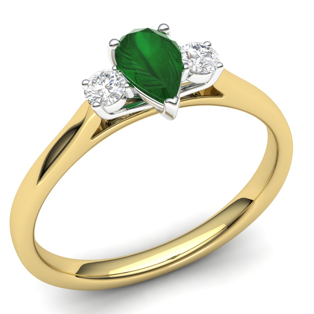 The 9ct Yellow Gold 3 Stone Diamond and Emerald Pear Shaped Stone Ring features a central pear-shaped emerald accented by two round diamonds for a timeless, elegant look.