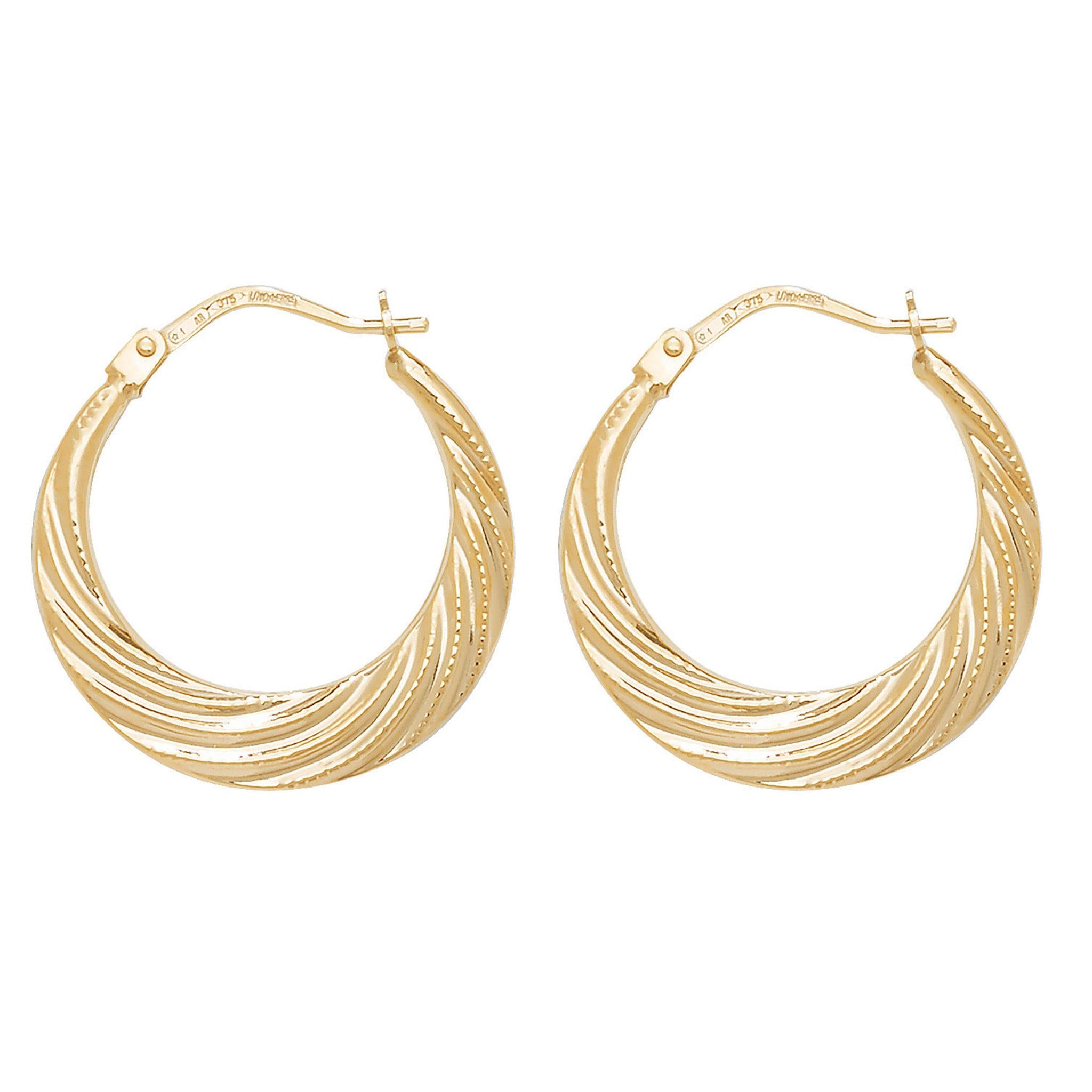 9ct GOLD RIBBED CREOLES HOOP EARRINGS with a textured, twisted design and secure hinged snap clasps, shown on a white background.