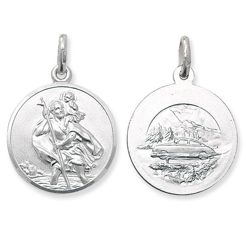 Two sterling silver pendants: a double-sided round St Christopher medal symbolizing protection, and another featuring a car with mountains and trees in the background.